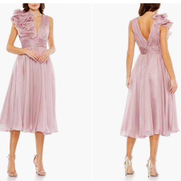 MAC DUGGAL 70173 ROSETTE ONE SHOULDER TEA LENGTH ROSE MIDI DRESS sz 10 - Picture 3 of 3